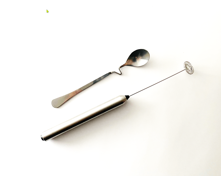 Photo of frother and spoon for organic superfood latte blends