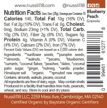 Photo of nutrition facts for organic superfood sprouted nut and sprouted seed peach granola