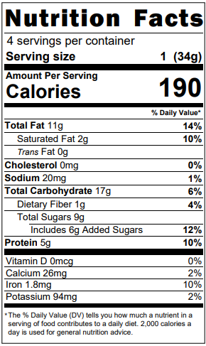 Photo of nutrition facts panel for vegan protein snacks of vanilla bean blondies.