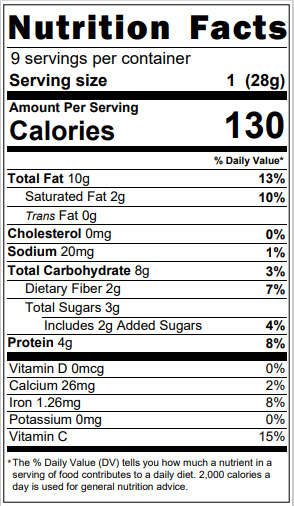 Image of nutrition facts for organic superfoods sprouted nuts granola.