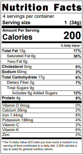 Nutritional facts for vegan baked goods coconut blondies made with sprouted nuts and organic superfood