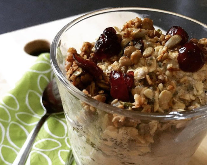 Image of our organic superfoods oat topped with pear cardamom granola made with sprouted nuts and sprouted seeds.