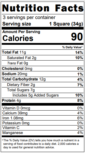 Nutrition facts for vegan baked goods lemon ginger square image.