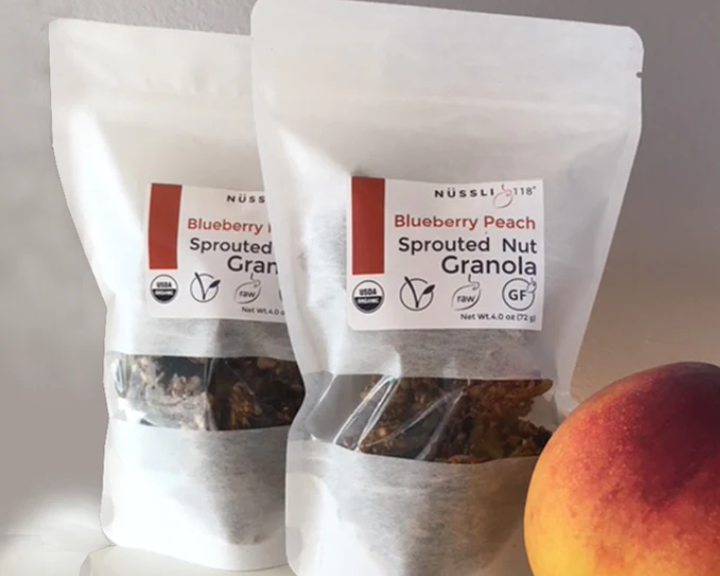 Photo of sprouted nut and sprouted seed organic superfood peach granola.