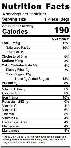 Nutritional Facts vegan chocolate sprouted nut brownie