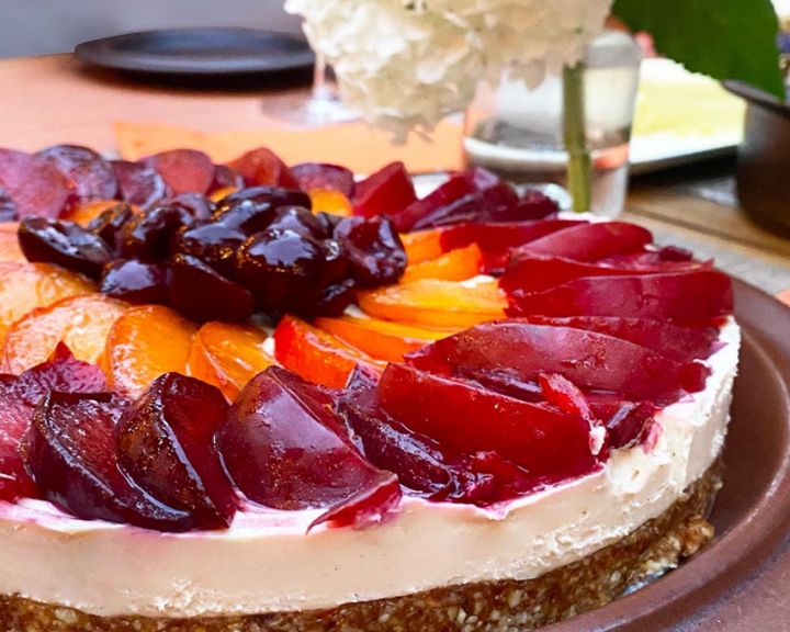 Vegan baked good but better raw vegan cheesecake with seasonal fruit