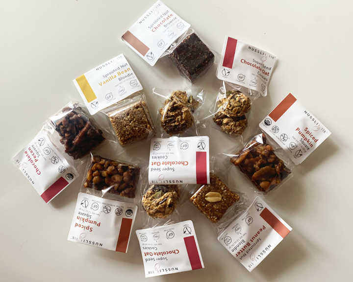 Photo of vegan protein snacks made with sprouted nuts and organic superfoods.