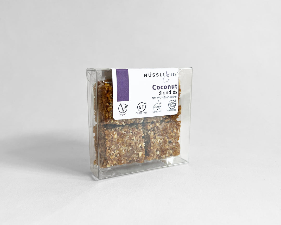 Packaged vegan baked goods made of organic superfoods and sprouted nut blondie