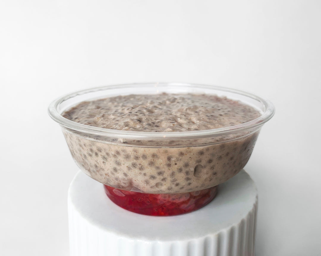 Close up organic superfoods sprouted nut chia pudding in a cup