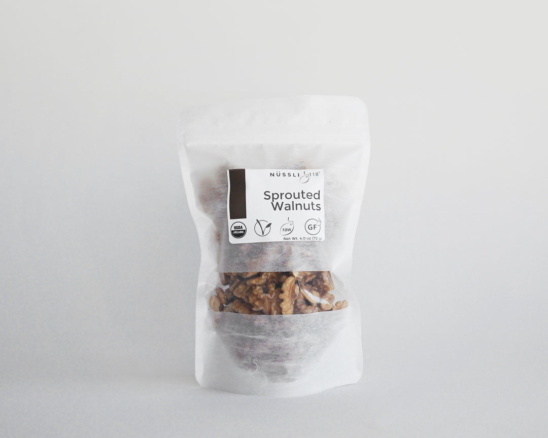 Image of packaged sprouted nuts of walnuts.