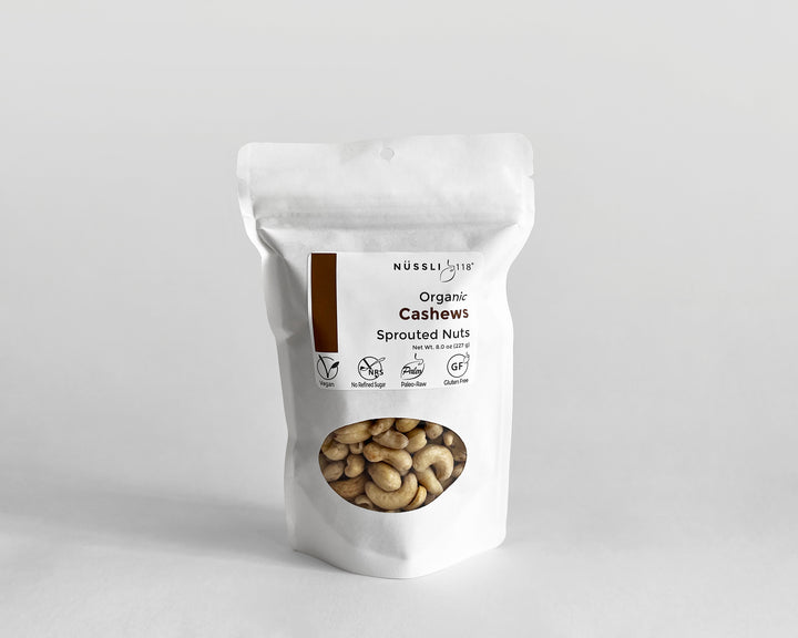 Compostable bag of sprouted nuts cashew image.