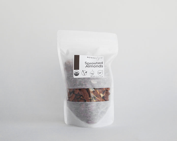 Image of bag of sprouted nuts of almonds.