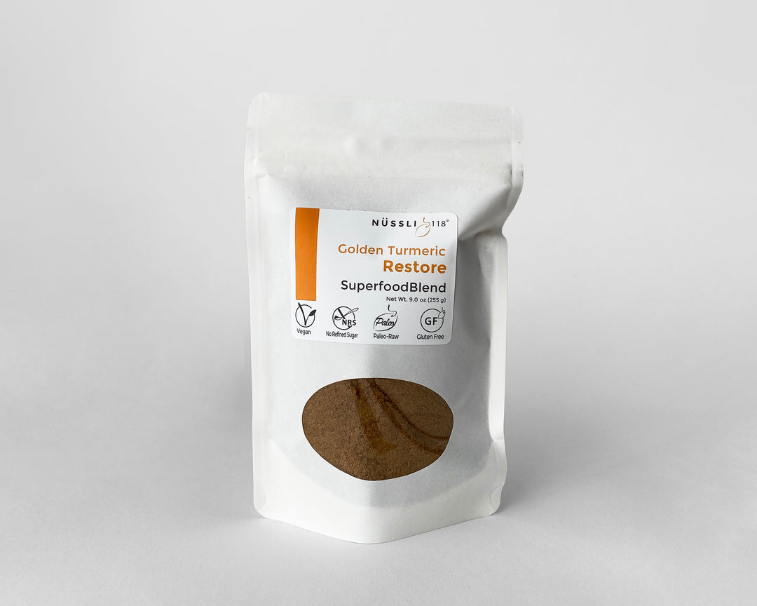 Compostable bag of organic superfoods latte blends golden turmeric restore