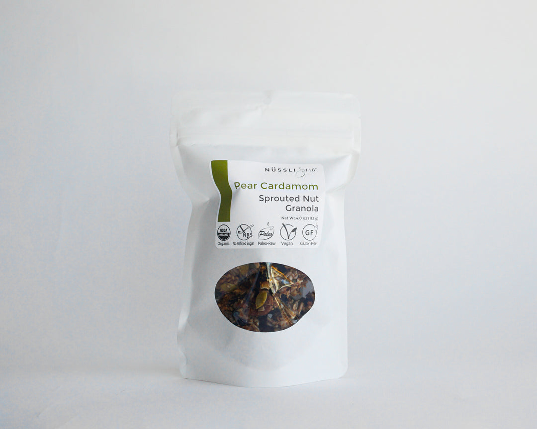 Raw vegan sprouted nut seed pear cardamom granola by Nussli118.