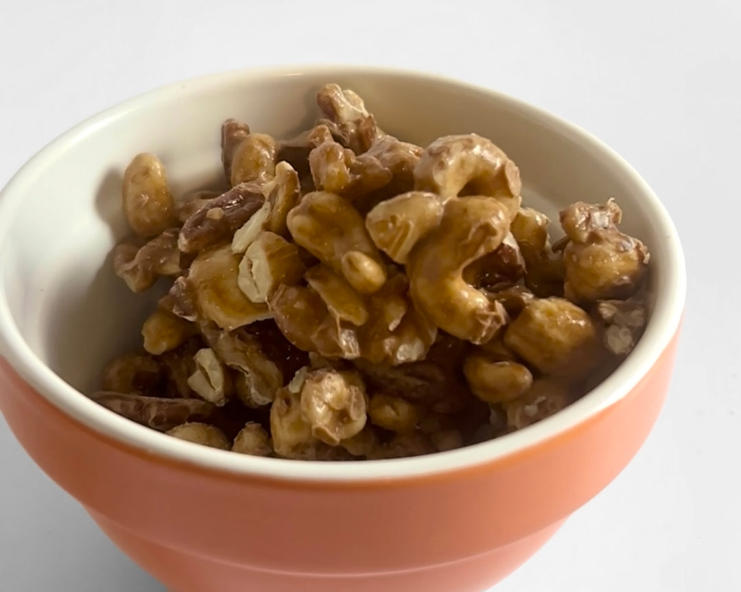 Photo of sprouted nut clusters salted caramel flavor in a bowl.